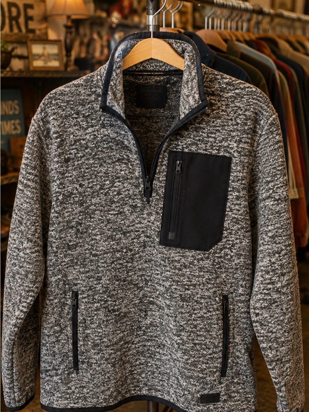 Abercrombie & Fitch Gray Heather Quarter-Zip Sweater with Black Chest Pocket
